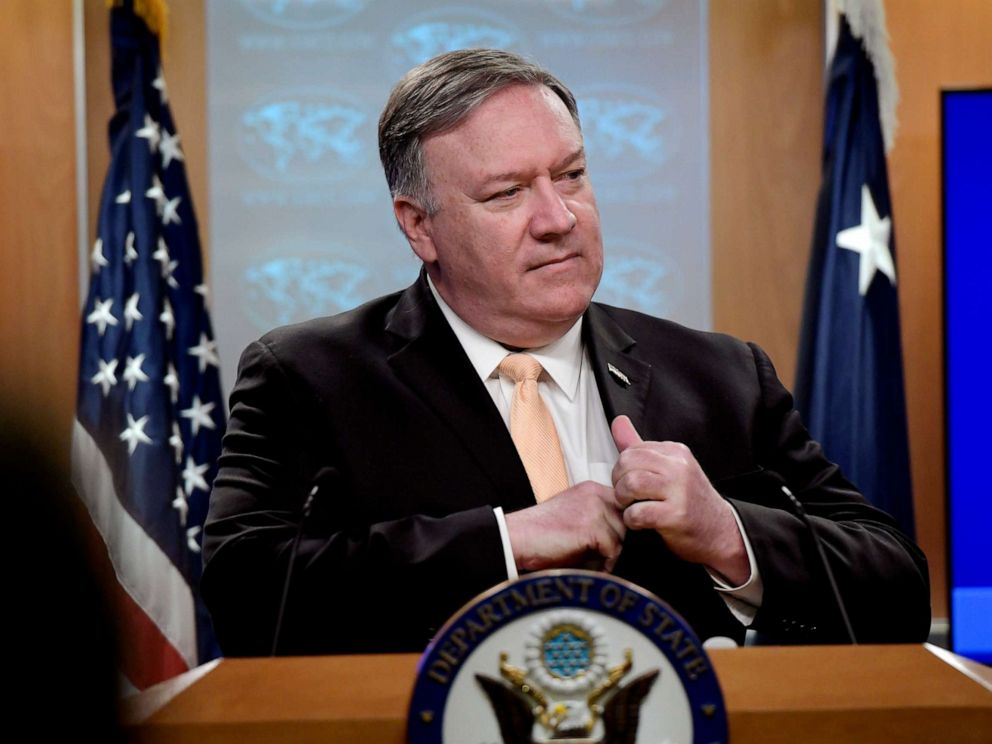 PHOTO: Secretary of State Mike Pompeo speaks during a news conference, April 22, 2019, at the Department of State in Washington, D.C.