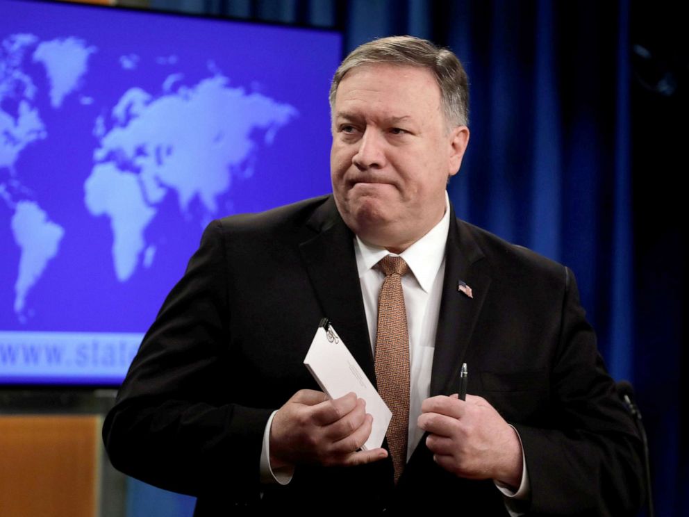 PHOTO: Secretary of State Mike Pompeo leaves after a briefing on Iran at the State Department in Washington, D.C., April 8, 2019.