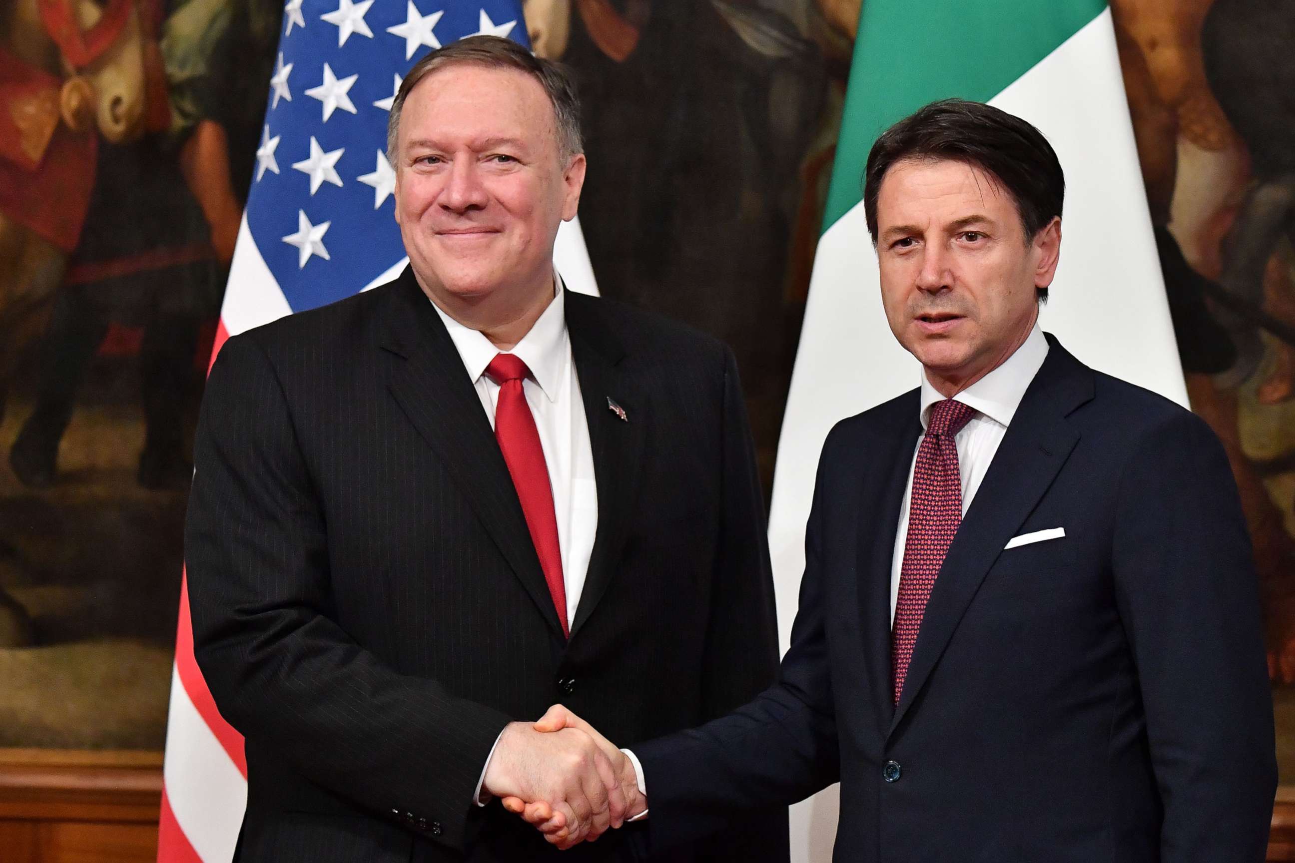 PHOTO: Secretary of State Mike Pompeo and Italy's Prime Minister Giuseppe Conte shake hands during their meeting, Oct. 1, 2019, at Palazzo Chigi in Rome.