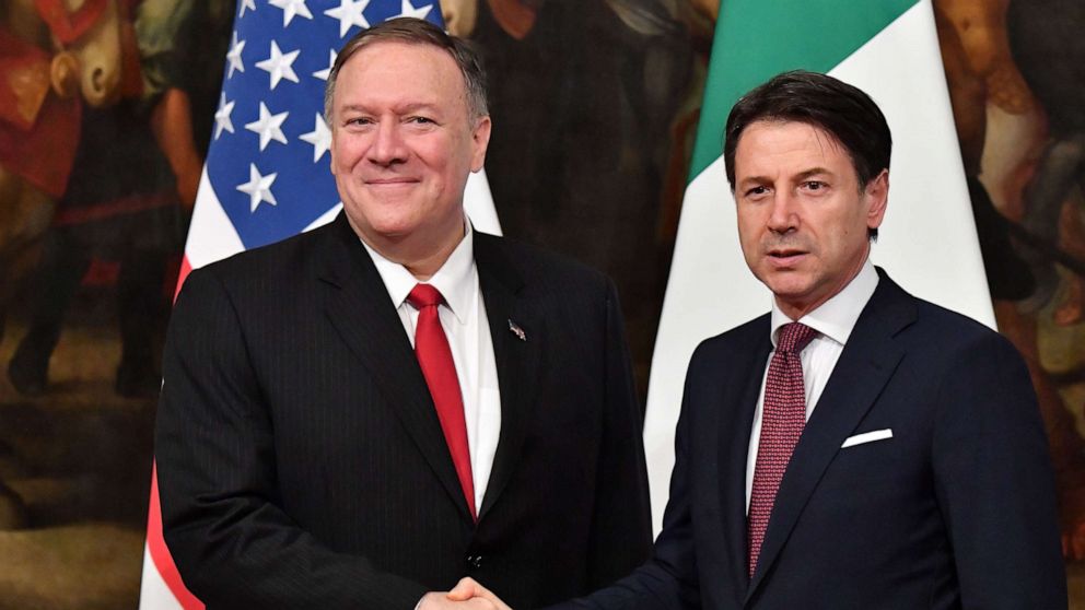 PHOTO: Secretary of State Mike Pompeo and Italy's Prime Minister Giuseppe Conte shake hands during their meeting, Oct. 1, 2019, at Palazzo Chigi in Rome.