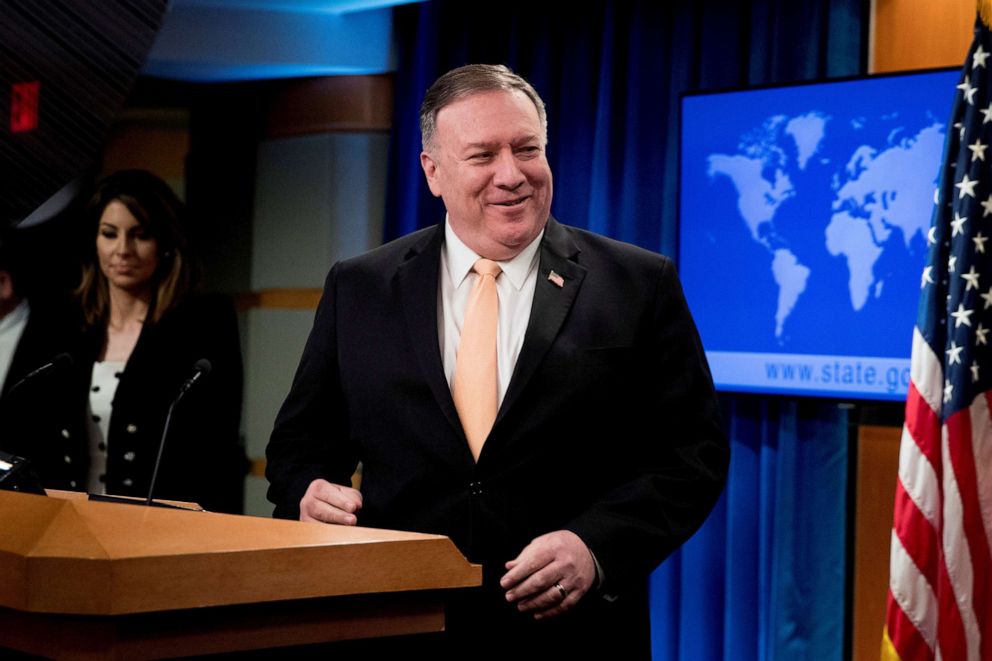 PHOTO: Secretary of State Mike Pompeo attends a news conference at the State Department, in Washington, March 31, 2020.