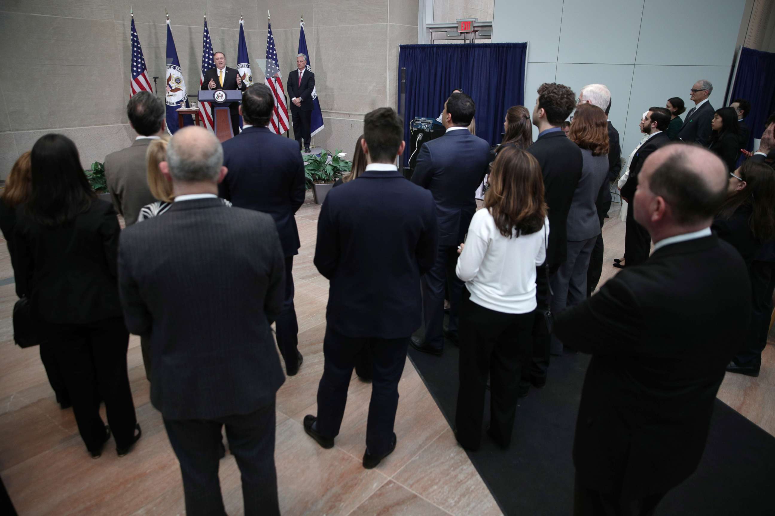 PHOTO: Secretary of State Mike Pompeo delivers remarks during a reception at the State Department April 2, 2019 in Washington, D.C. Secretary Pompeo spoke to families of American citizens held captive abroad at the event.