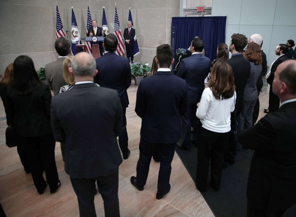 PHOTO: Secretary of State Mike Pompeo delivers remarks during a reception at the State Department April 2, 2019 in Washington, D.C. Secretary Pompeo spoke to families of American citizens held captive abroad at the event.