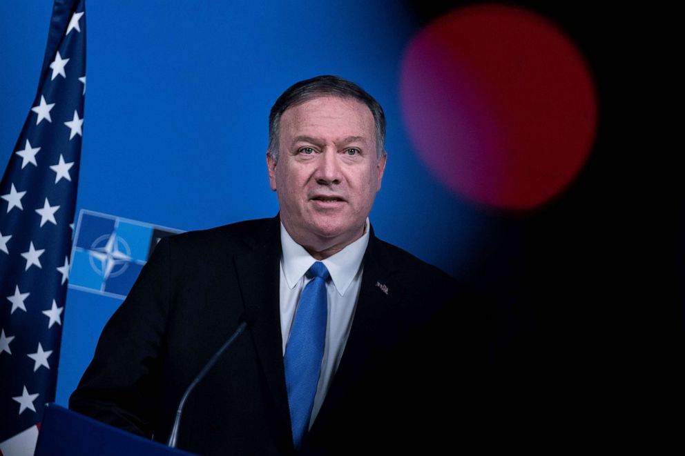 PHOTO: Secretary of State Mike Pompeo speaks during a press conference at a Foreign ministers meeting at the NATO headquarters in Brussels, Nov. 20, 2019.
