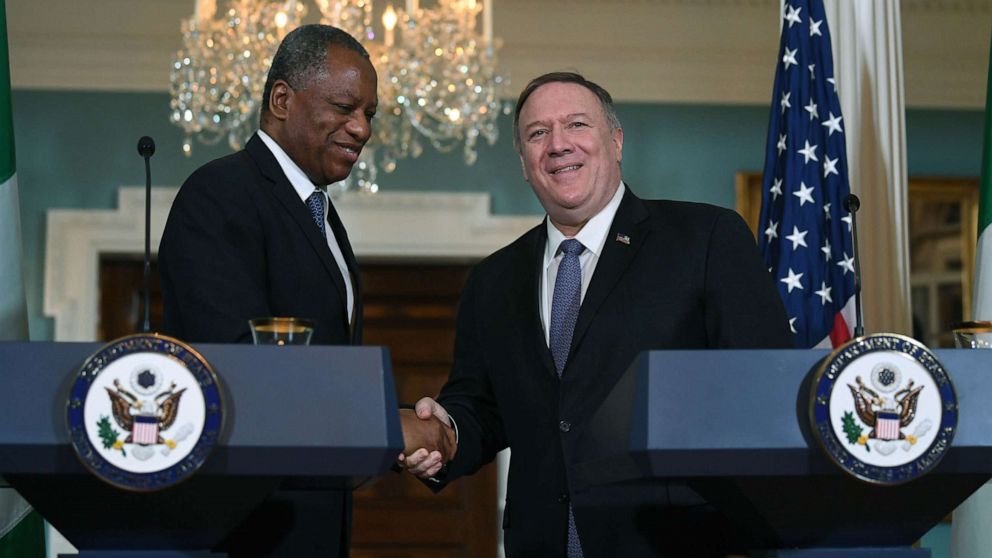 PHOTO: Nigerian Minister of Foreign Affairs Geoffrey Onyeama shakes hands with Secretary of State Mike Pompeo at the Department of State, Feb. 4, 2020, in Washington, D.C. 