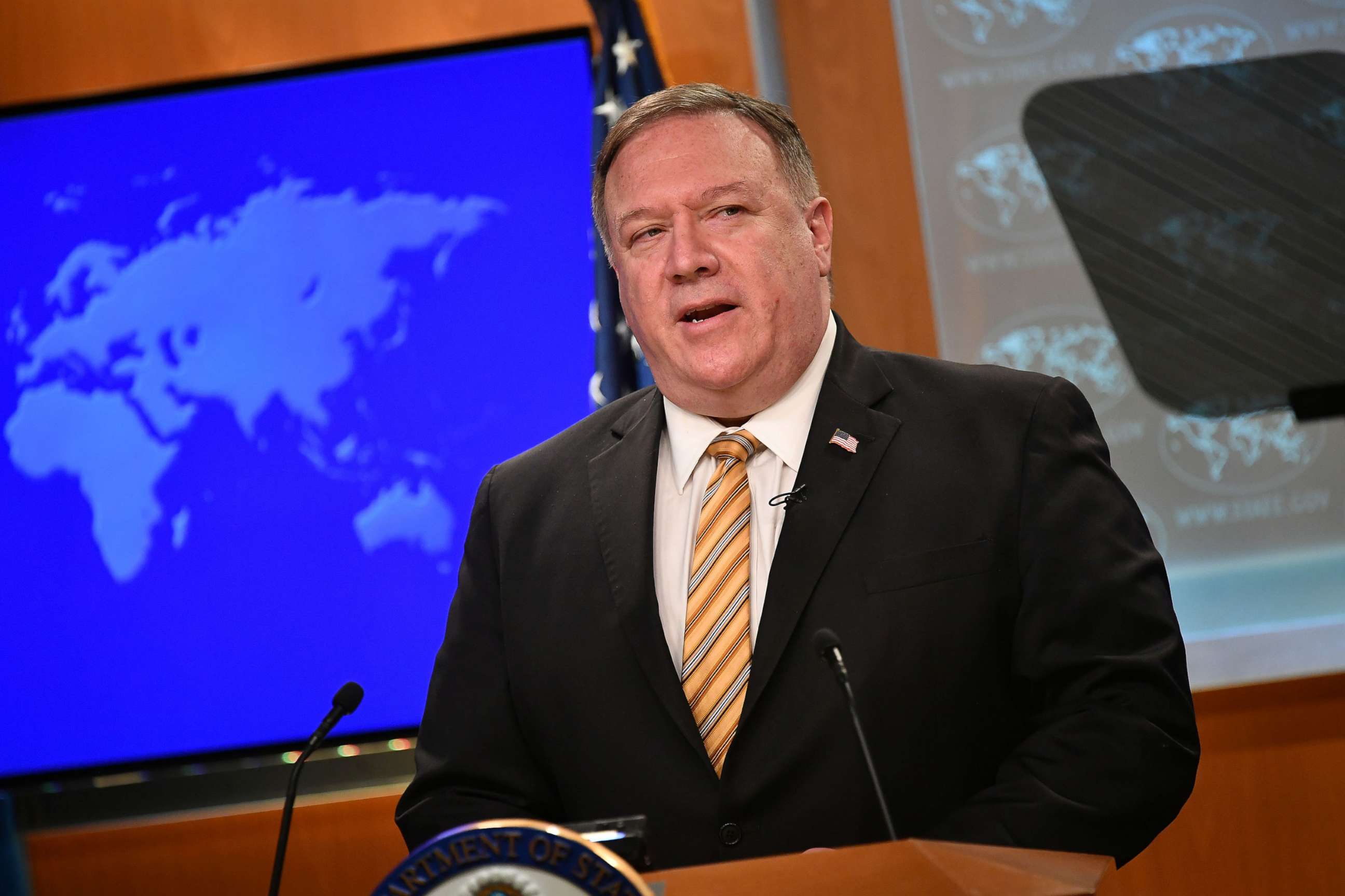 PHOTO: Secretary of State Mike Pompeo gives a news conference about dealings with China and Iran, and on the fight against the coronavirus pandemic, in Washington, June 24, 2020. 