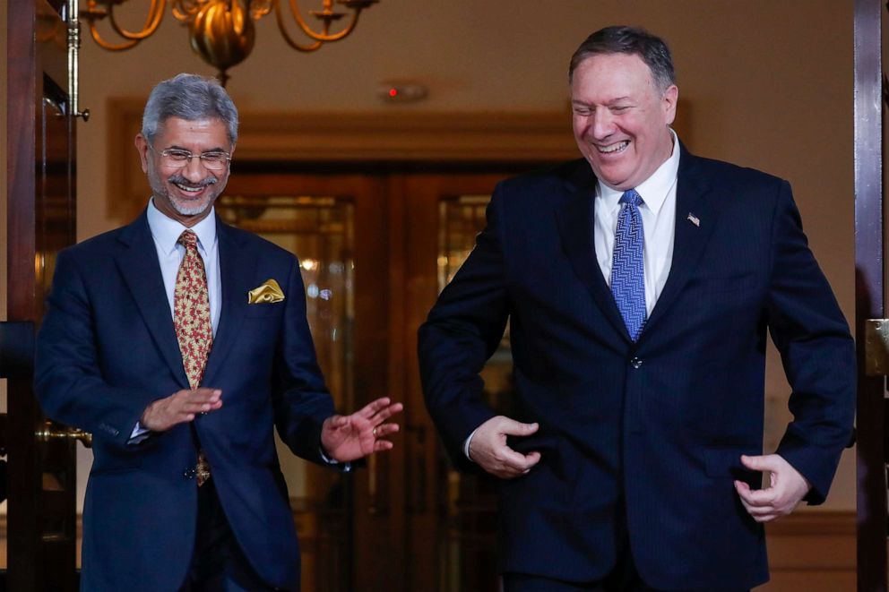 PHOTO: Secretary of State Mike Pompeo, right, walks out with Indian counterpart Subrahmanyam Jaishankar, at the US State Department in Washington, Monday, Sept. 30, 2019.