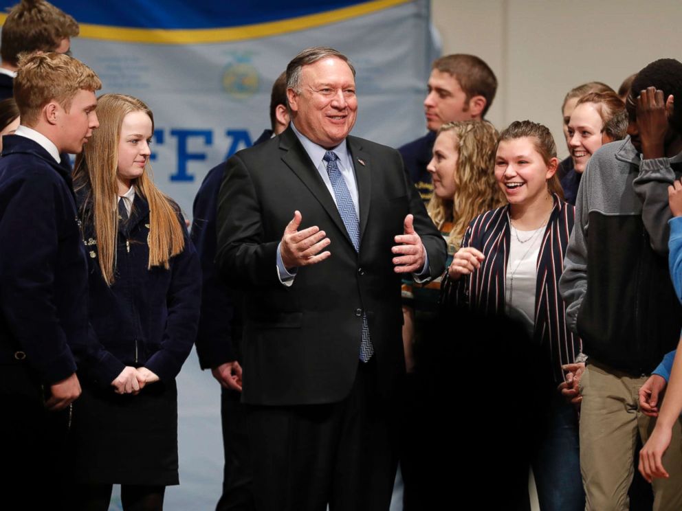 PHOTO: Secretary of State Mike Pompeo, center, talks with students after speaking to the Future Farmers of America and Johnston High School students, March 4, 2019, in Johnston, Iowa.