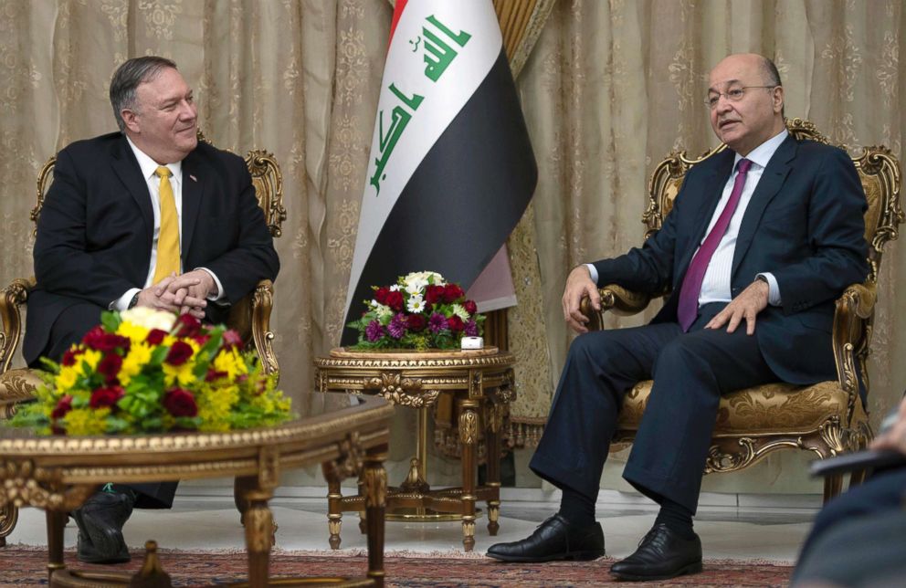 PHOTO: Secretary of State Mike Pompeo meets with Iraqi President Barham Salih, right, in Baghdad, Iraq, Jan. 9, 2019.