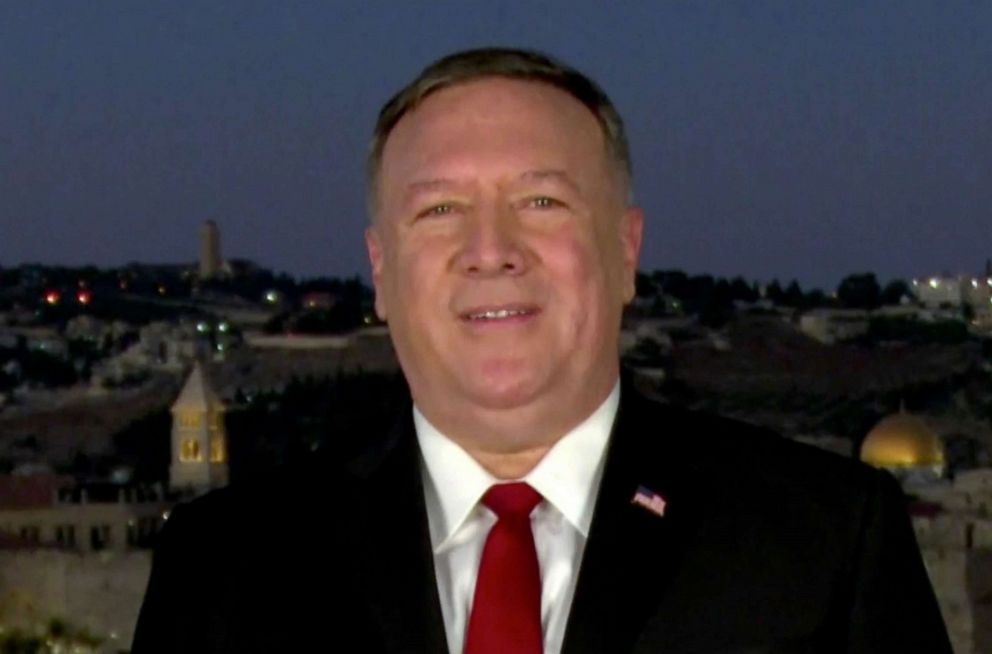 PHOTO: Secretary of State Mike Pompeo addresses the virtual Republican Convention in a pre-recorded video from Jerusalem, on Aug. 25, 2020.