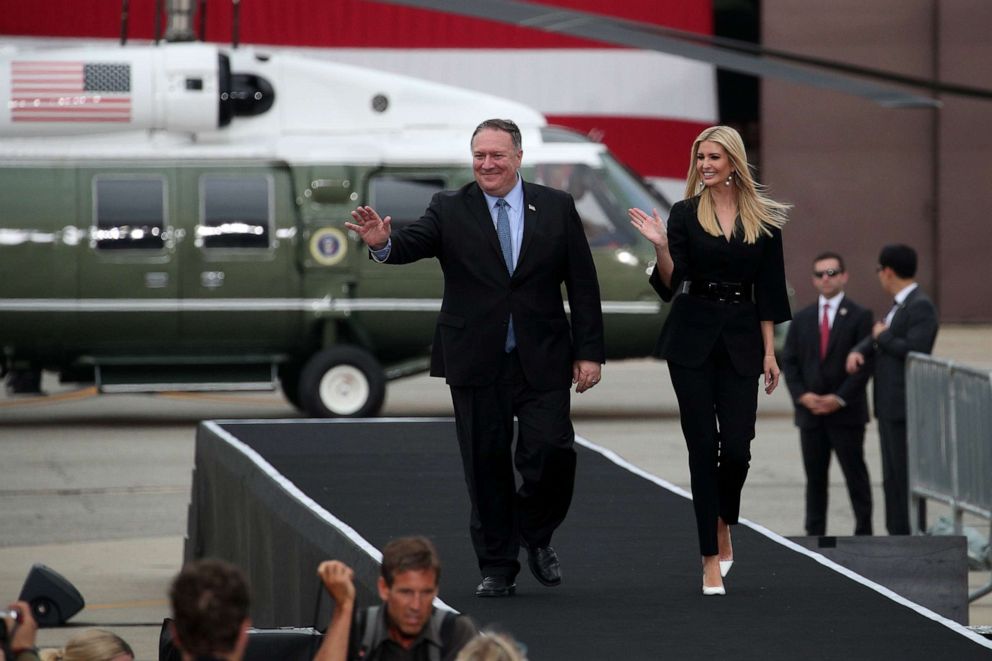 PHOTO: Mike Pompeo, secretary of state, and Ivanka Trump, assistant to President Donald Trump, arrive during an address to military personnel at Osan air base in Pyeongtaek, South Korea, June 30, 2019.