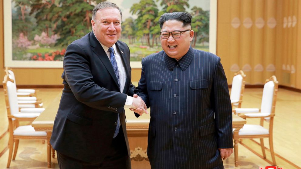 PHOTO: Secretary of State Mike Pompeo, left, shakes hands with North Korean leader Kim Jong Un during a meeting at Workers' Party of Korea headquarters in Pyongyang, North Korea.
