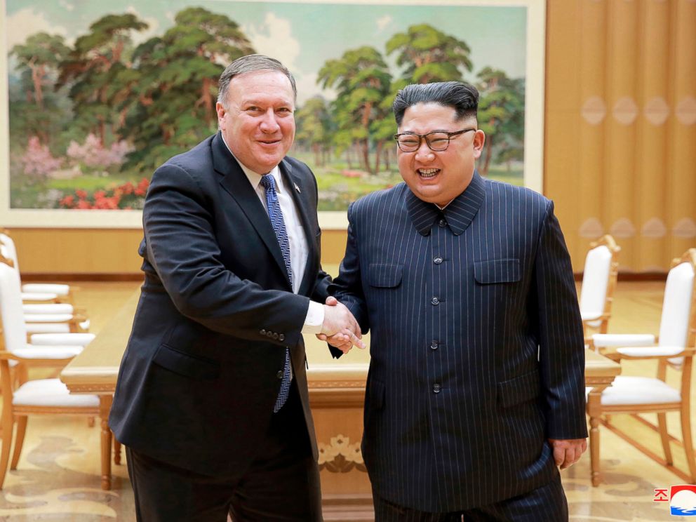 PHOTO: Secretary of State Mike Pompeo, left, shakes hands with North Korean leader Kim Jong Un during a meeting at Workers Party of Korea headquarters in Pyongyang, North Korea.