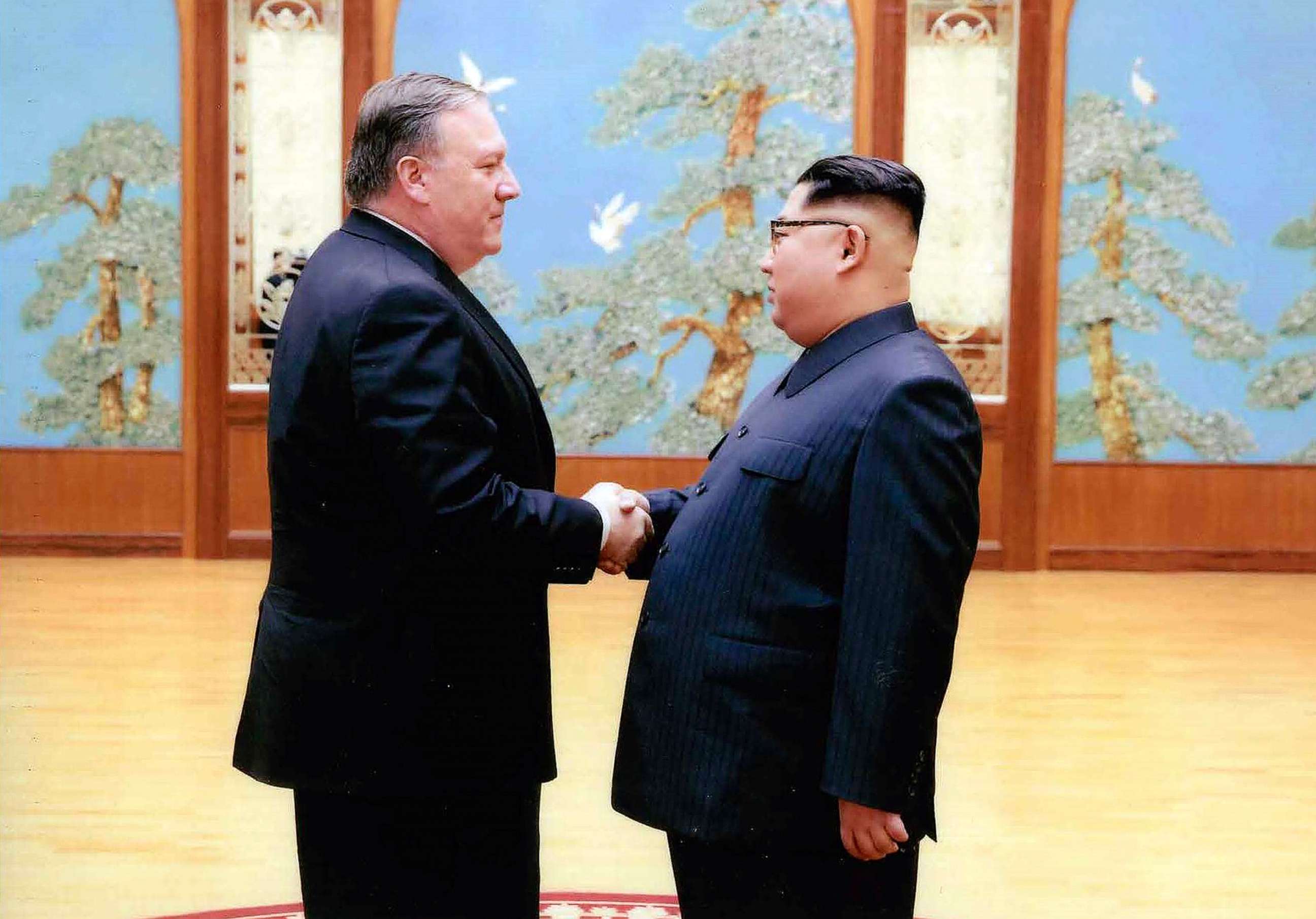 PHOTO: CIA director Mike Pompeo shakes hands with North Korean leader Kim Jong Un in Pyongyang, North Korea, during a 2018 Easter weekend trip in this undated image.