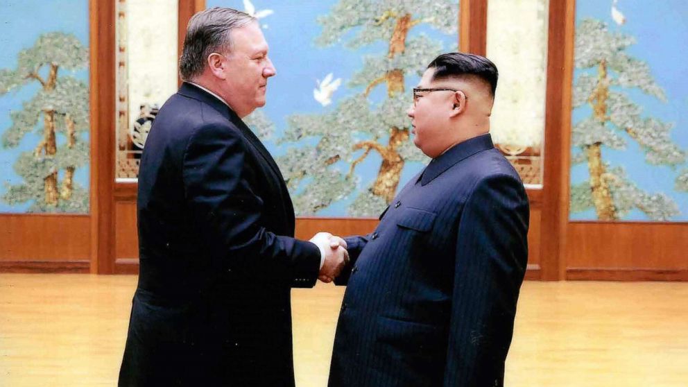 PHOTO: CIA director Mike Pompeo shakes hands with North Korean leader Kim Jong Un in Pyongyang, North Korea, during a 2018 Easter weekend trip in this undated image.