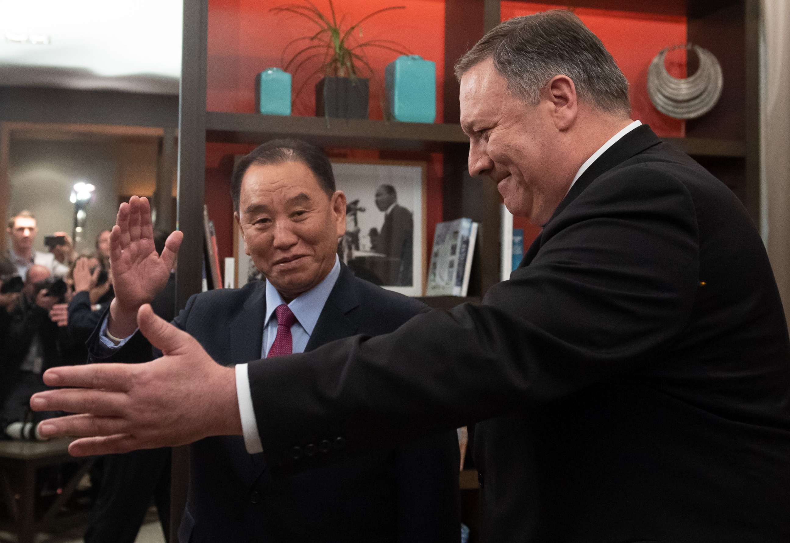 PHOTO: Secretary of State Mike Pompeo welcomes North Korean Vice-Chairman Kim Yong Chol to a meeting in Washington, Jan. 18, 2019.
