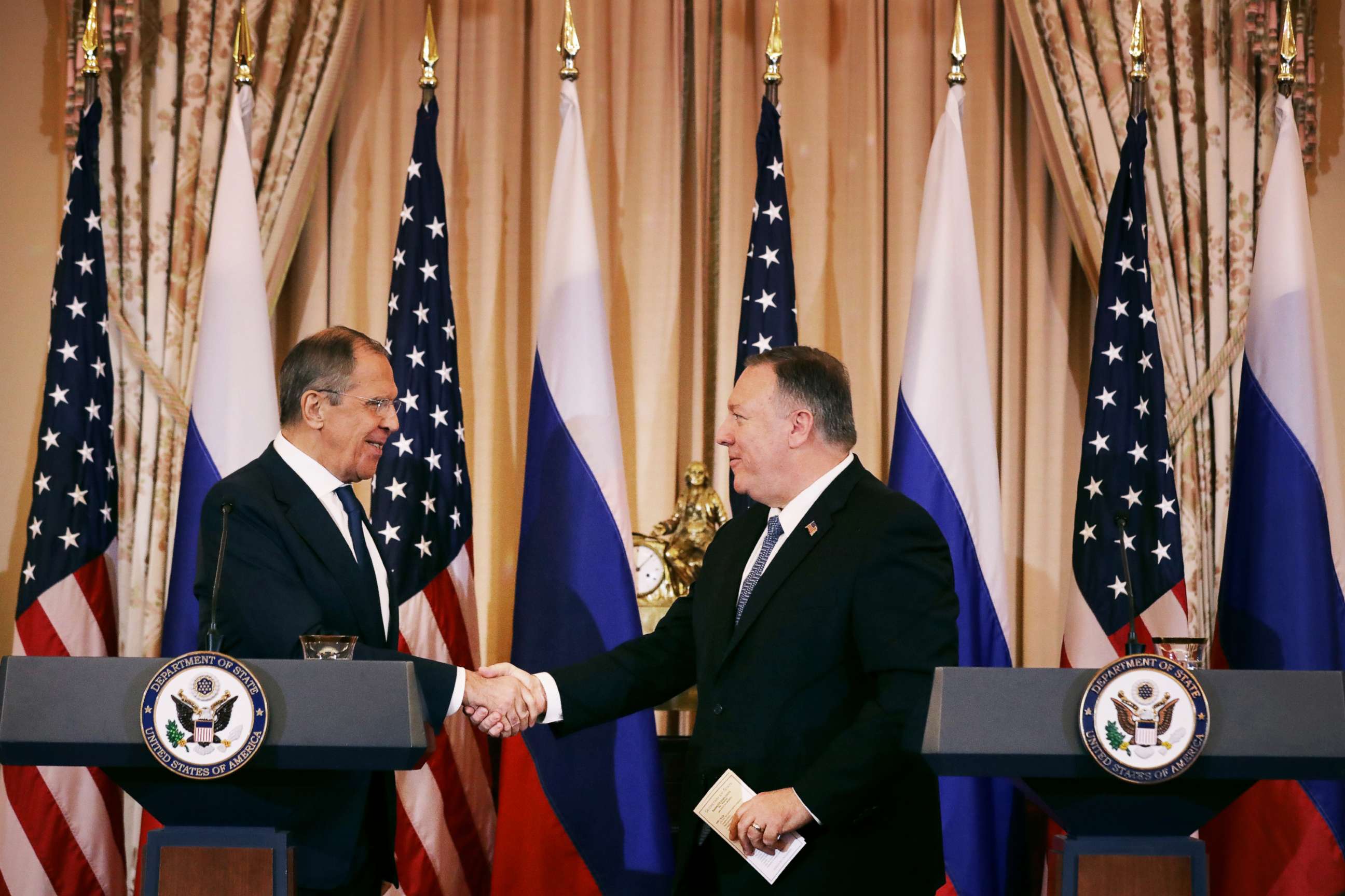 PHOTO: Russian Foreign Minister Sergey Lavrov, and U.S. Secretary of State Mike Pompeo shake hands at the conclusion of a joint news conference in the Franklin Room at the State Department Dec. 10, 2019 in Washington, D.C.