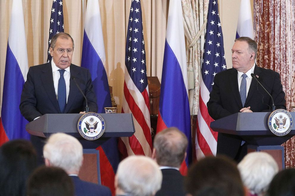 PHOTO: Russia's Foreign Minister Sergei Lavrov and Secretary of State Mike Pompeo give a joint news conference following their meeting at the US Department of State, Dec. 10, 2019.