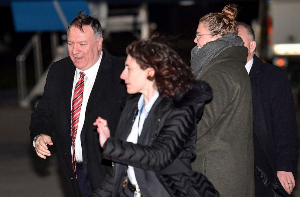 PHOTO: Secretary of State Mike Pompeo, left, is pictured after his plane arrived in London, Jan. 29, 2020.