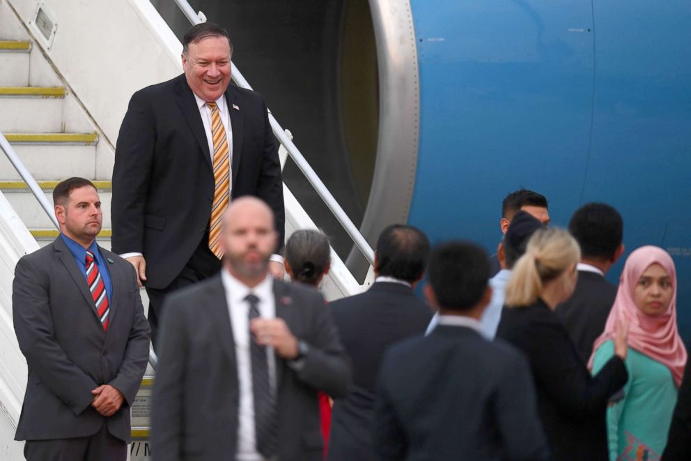 PHOTO: U.S. Secretary of State Mike Pompeo reacts as he disembarks from a plane upon his arrival at the Royal Malaysian Air Force base in Subang, outside Kuala Lumpur, Aug. 2, 2018.