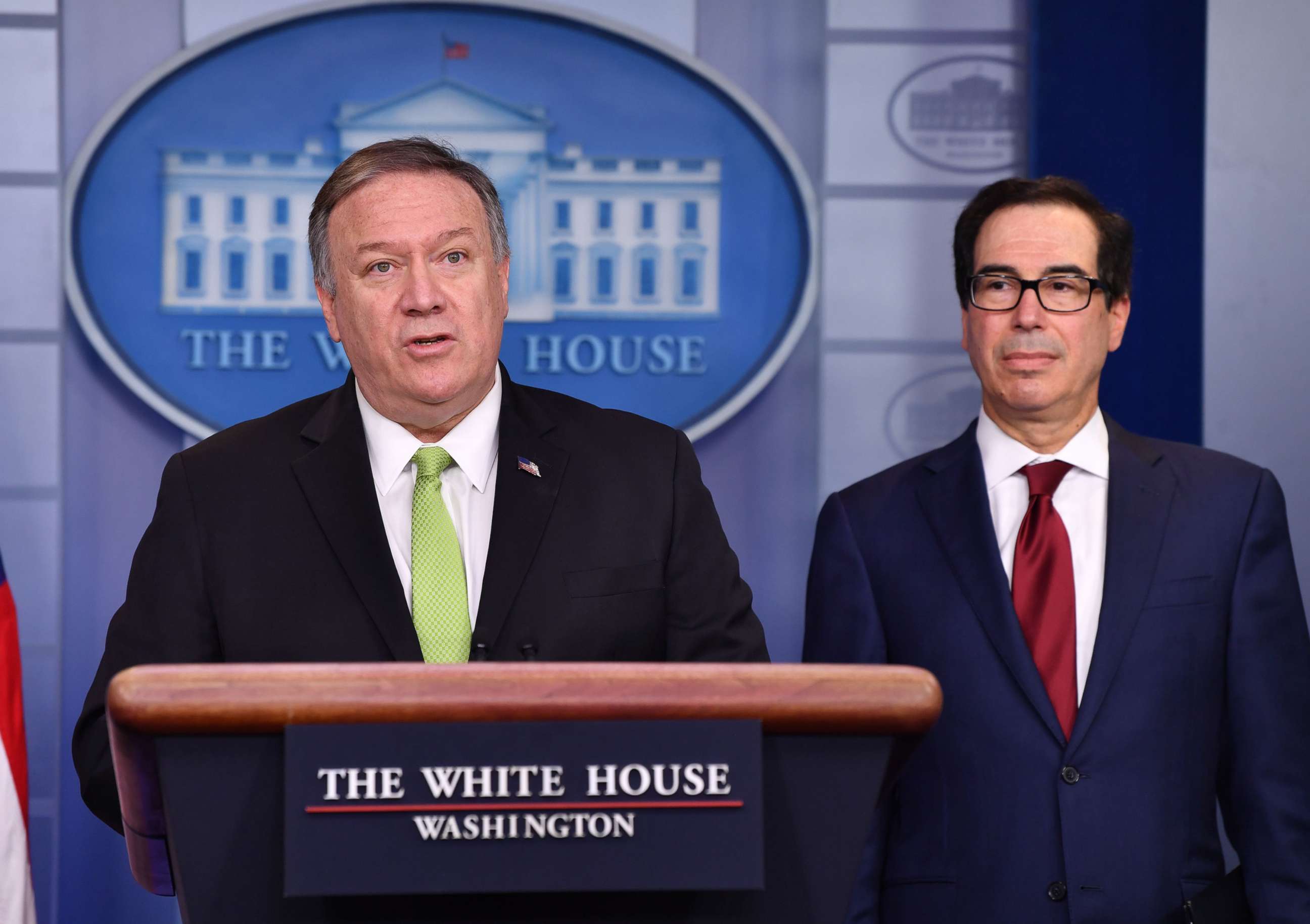 PHOTO: Secretary of State Mike Pompeo and Treasury Secretary Steven Mnuchin announce new sanctions on Iran, at the White House in Washington, D.C., Jan. 10, 2020.