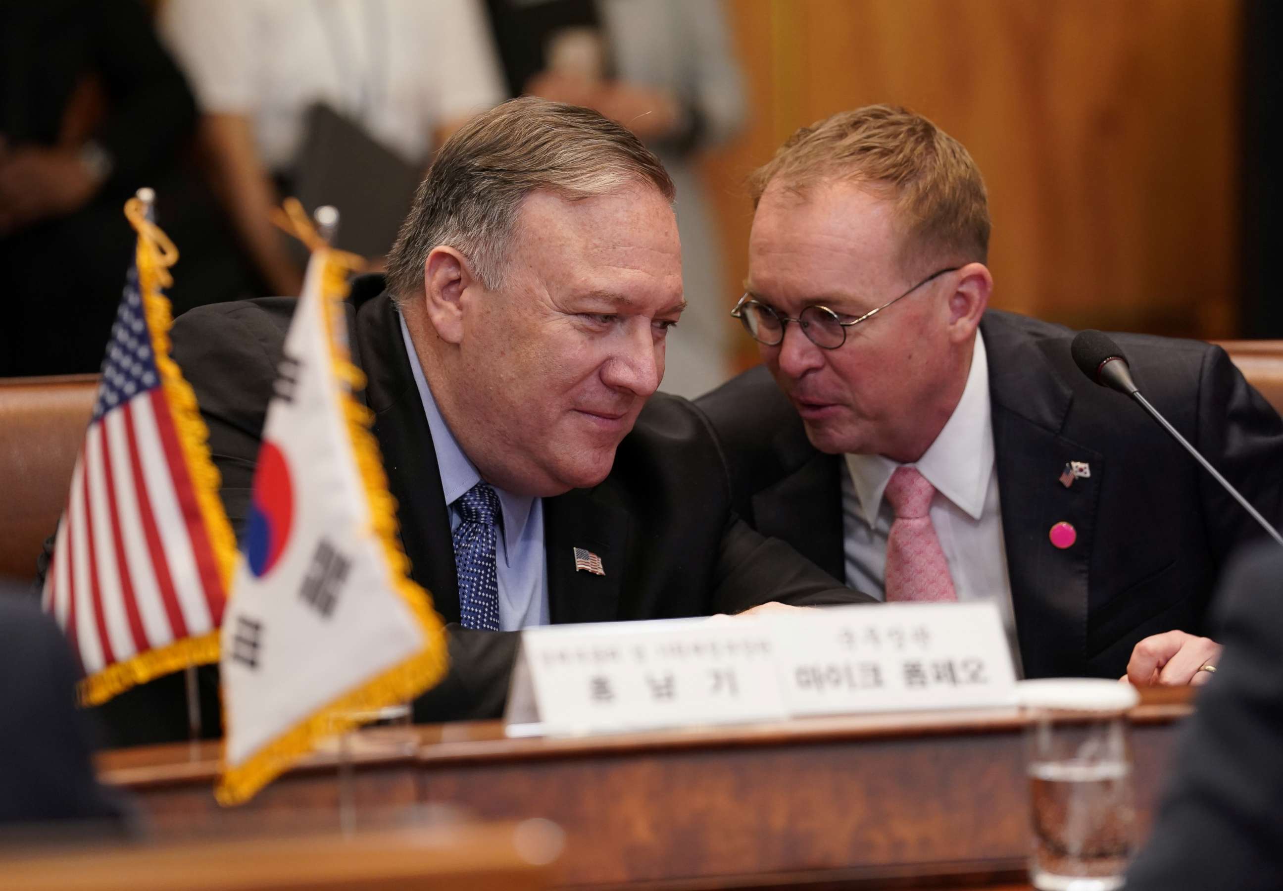 PHOTO: U.S. Secretary of State Mike Pompeo and White House acting Chief of Staff Mick Mulvaney attend a meeting with South Korean President Moon Jae-in at the Blue House in Seoul, South Korea, June 30, 2019.