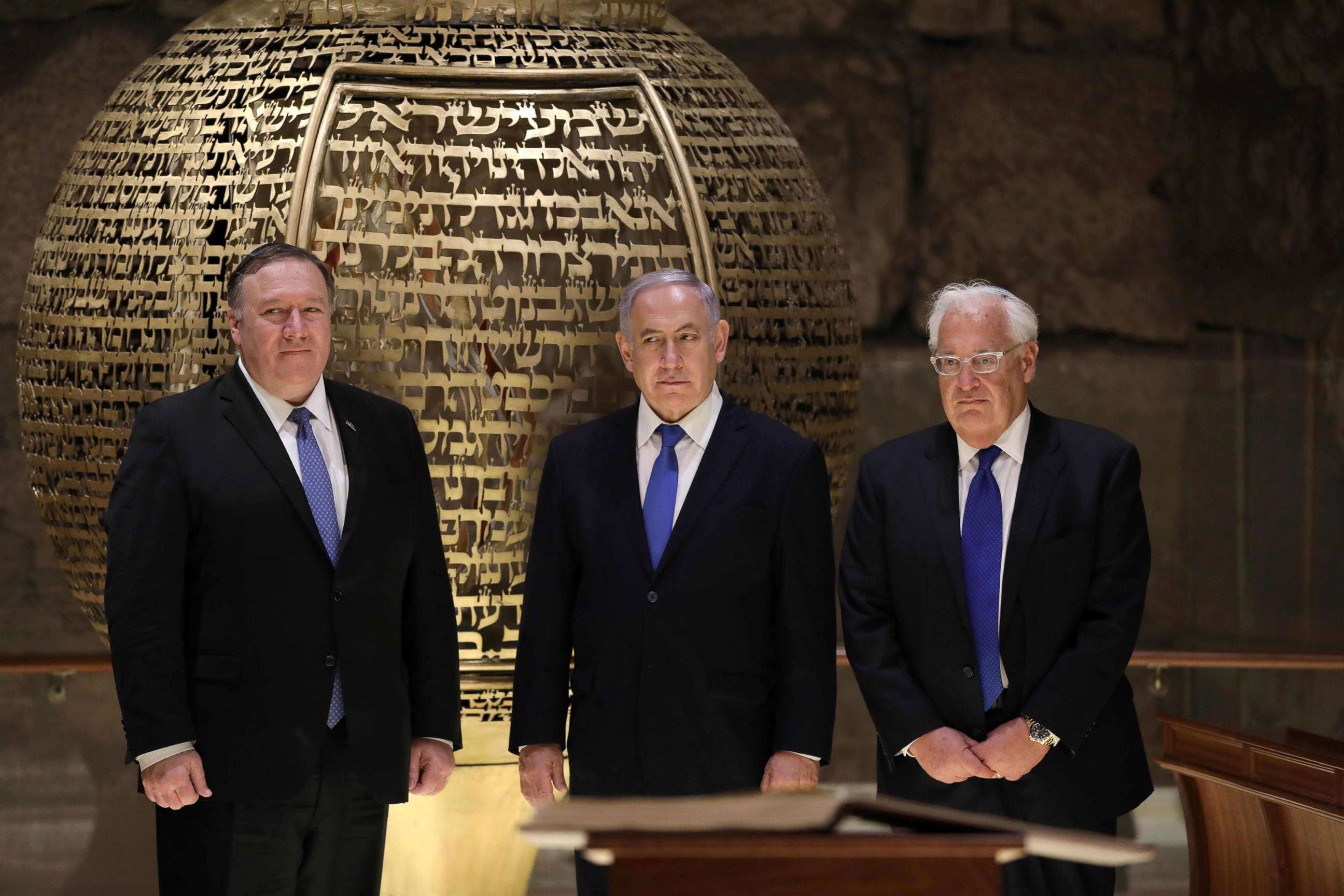 PHOTO: From left, Secretary of State Mike Pompeo, Israeli Prime Minister Benjamin Netanyahu and U.S. Ambassador to Israel David Friedman, visit the Western Wall Tunnels in Jerusalem's Old City on March 21, 2019.