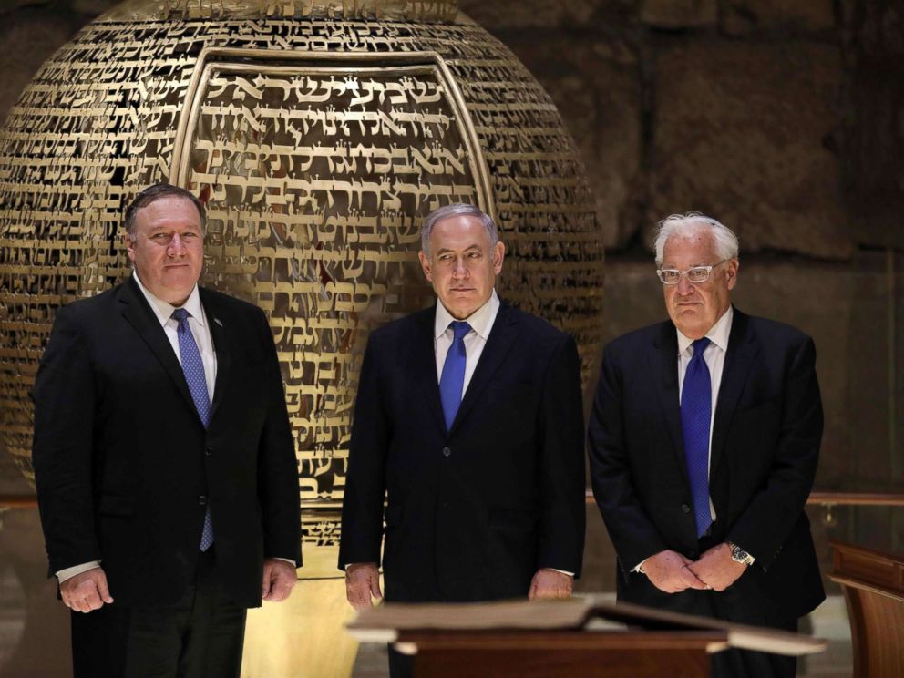 PHOTO: From left, Secretary of State Mike Pompeo, Israeli Prime Minister Benjamin Netanyahu and U.S. Ambassador to Israel David Friedman, visit the Western Wall Tunnels in Jerusalems Old City on March 21, 2019.