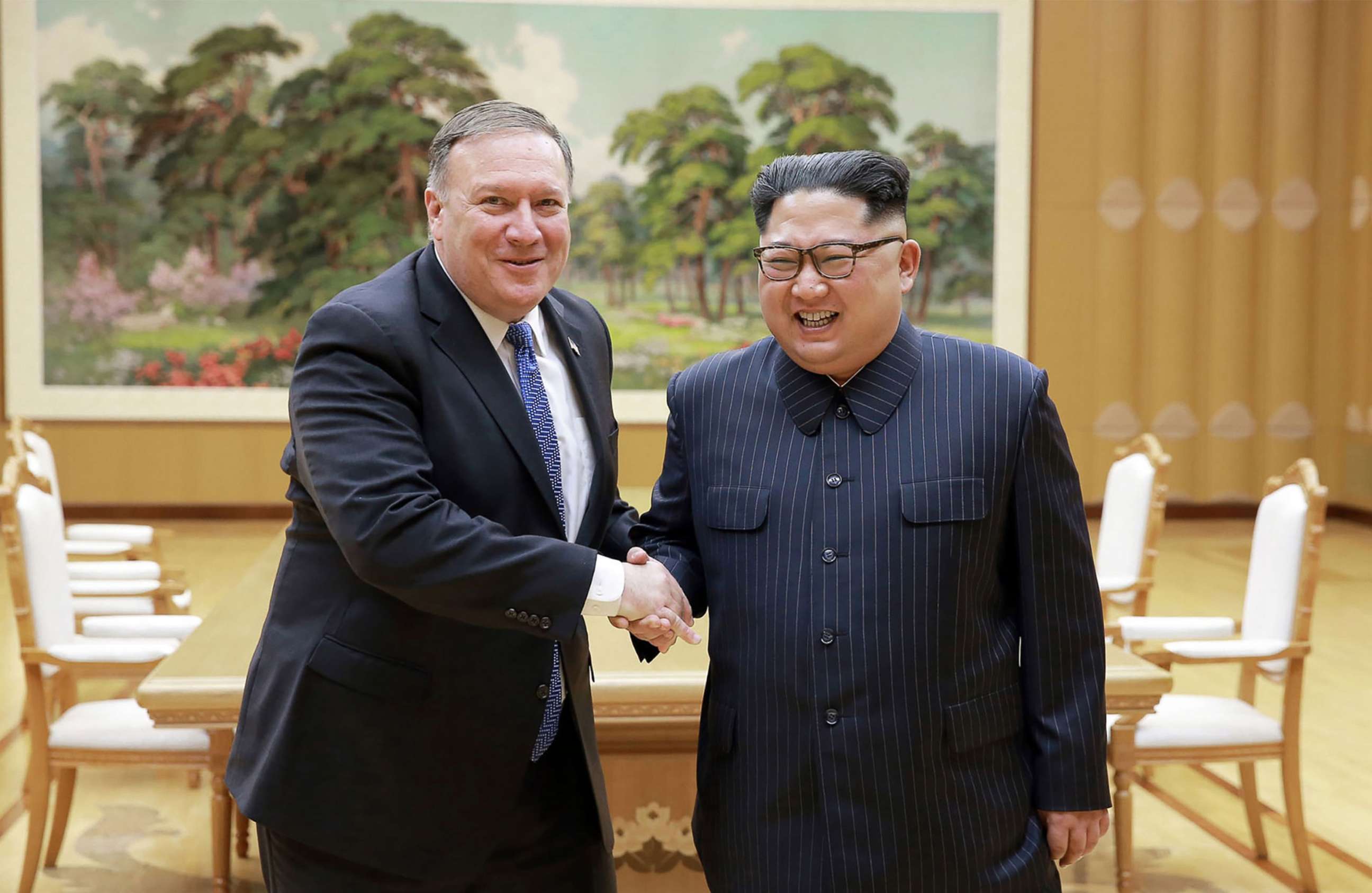 PHOTO: North Korean leader Kim Jong Un and US Secretary of State Mike Pompeo shaking hands at the Workers' Party of Korea headquarters in Pyongyang, North Korea, May 8, 2018.