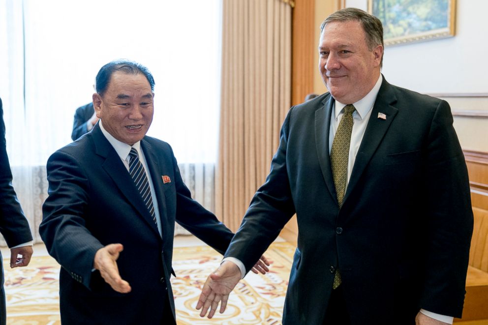 PHOTO: Secretary of State Mike Pompeo, right, and Kim Yong Chol, a North Korean senior ruling party official and former intelligence chief, arrive for a lunch at the Park Hwa Guest House in Pyongyang, North Korea, July 7, 2018.