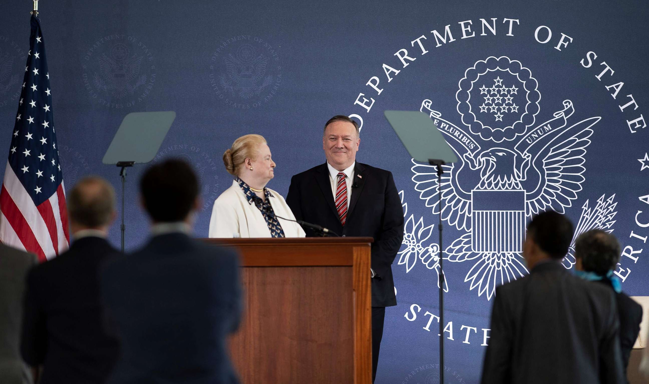 PHOTO: Secretary of State Mike Pompeo is introduced by Commission chair Mary Ann Glendon at the National Constitution Center where he spoke about the Commission on Unalienable Rights, July 16, 2020, in Philadelphia.