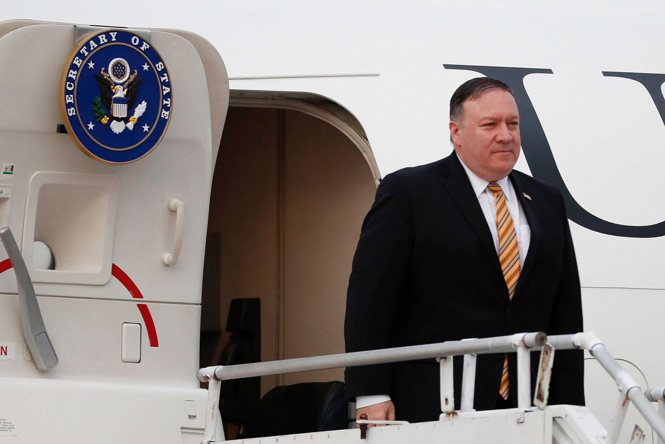 PHOTO: In this Aug. 2, 2018, file photo, Secretary of State Michael Pompeo exits his plane.