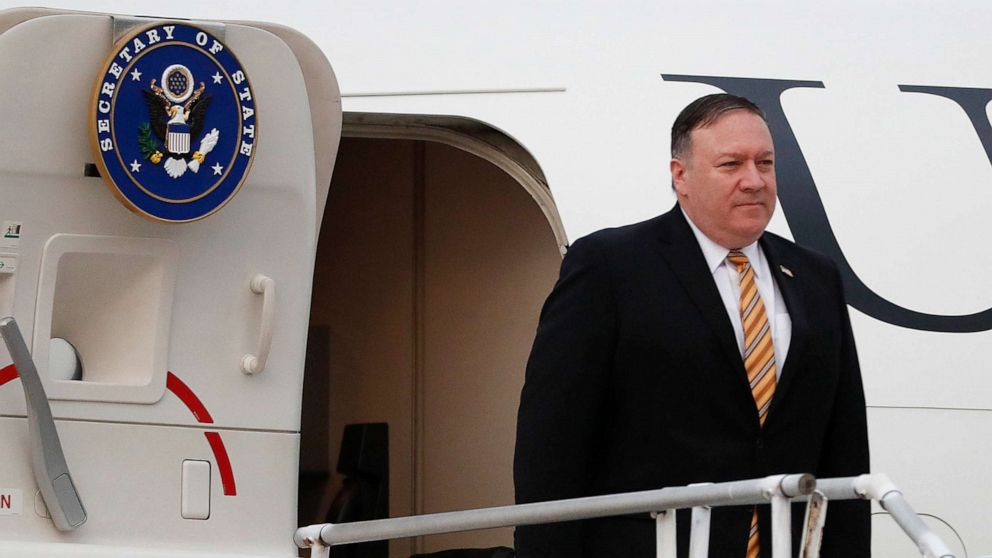 PHOTO: In this Aug. 2, 2018, file photo, Secretary of State Michael Pompeo exits his plane.