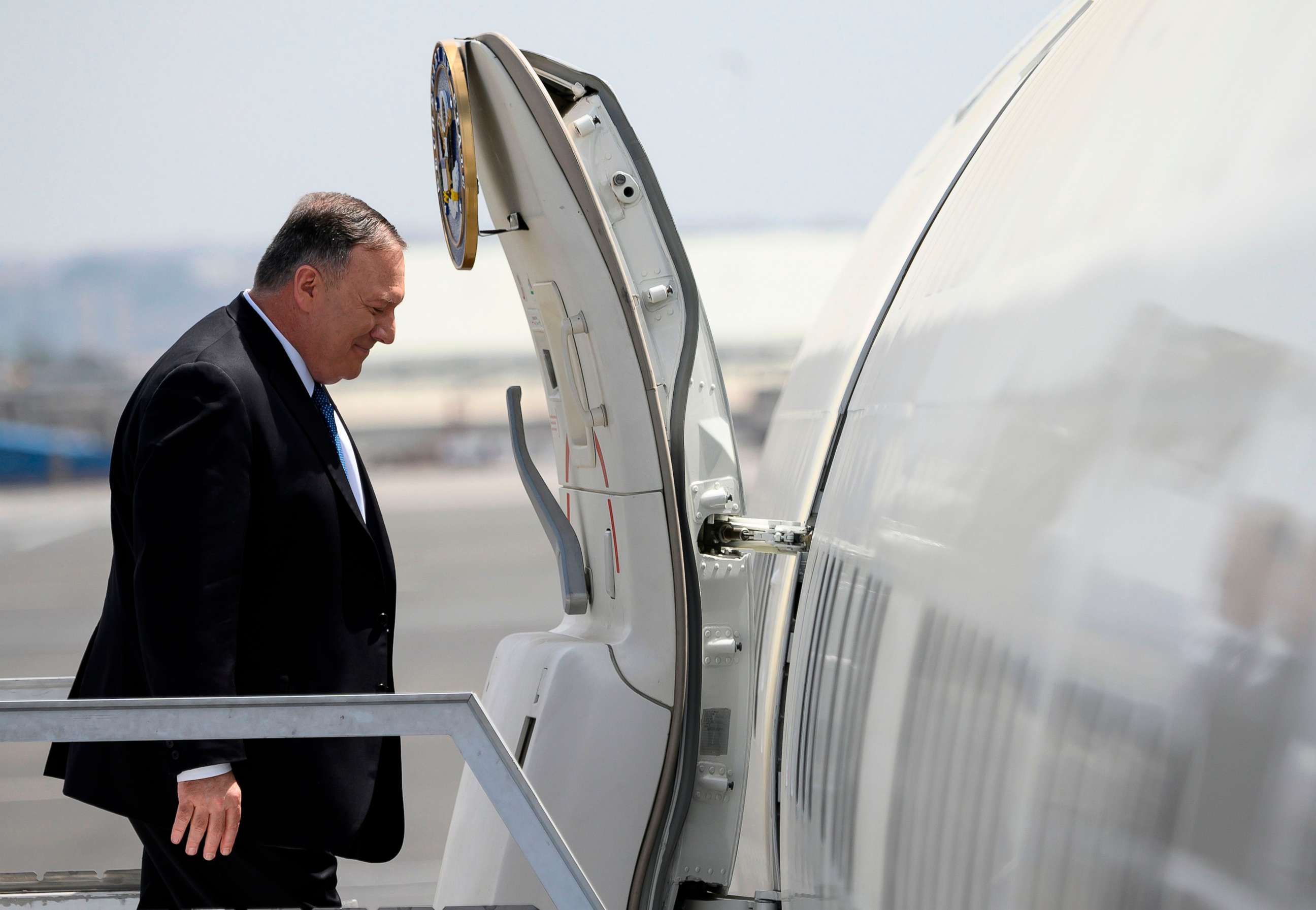 PHOTO: Secretary of State Mike Pompeo enters the plane before departing from the Addis Ababa Bole international Airport in Addis Ababa on Feb. 19, 2020.