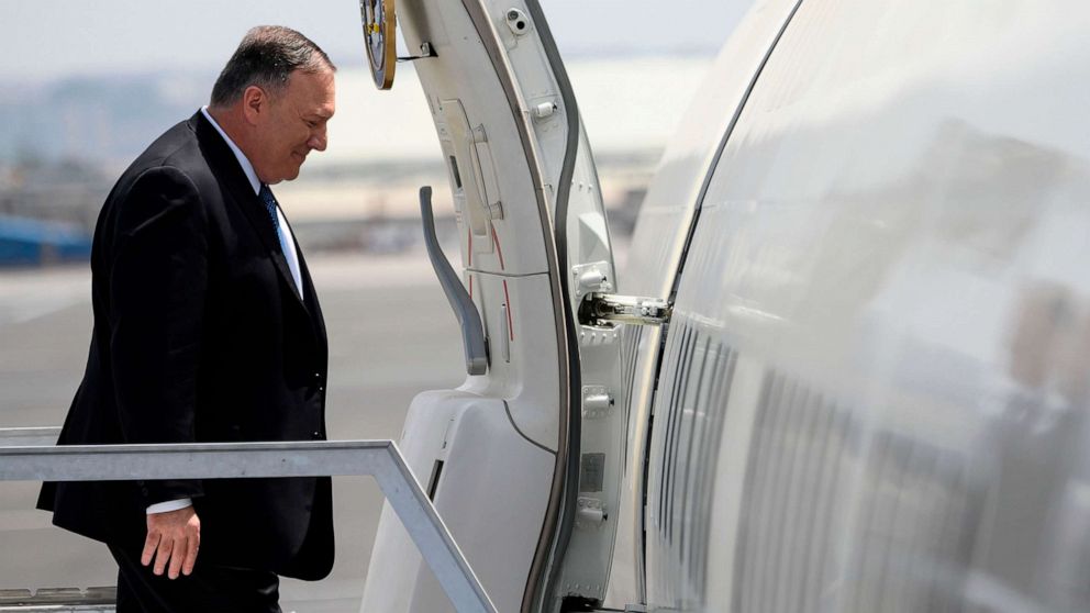 PHOTO: Secretary of State Mike Pompeo enters the plane before departing from the Addis Ababa Bole international Airport in Addis Ababa on Feb. 19, 2020.