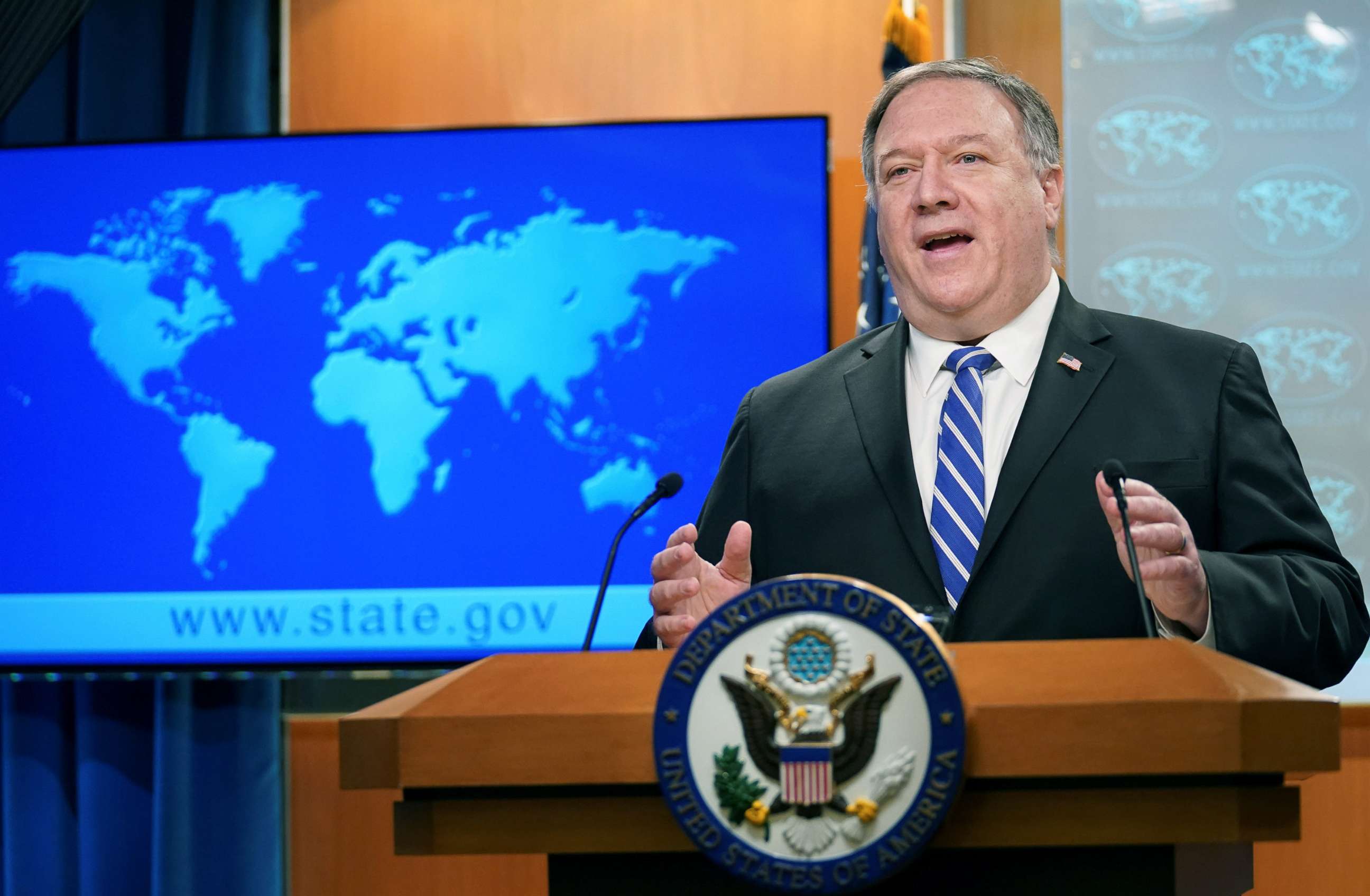 PHOTO: Secretary of State Mike Pompeo speaks about the coronavirus disease (COVID-19) during a media briefing at the State Department in Washington, D.C., May 6, 2020. 
