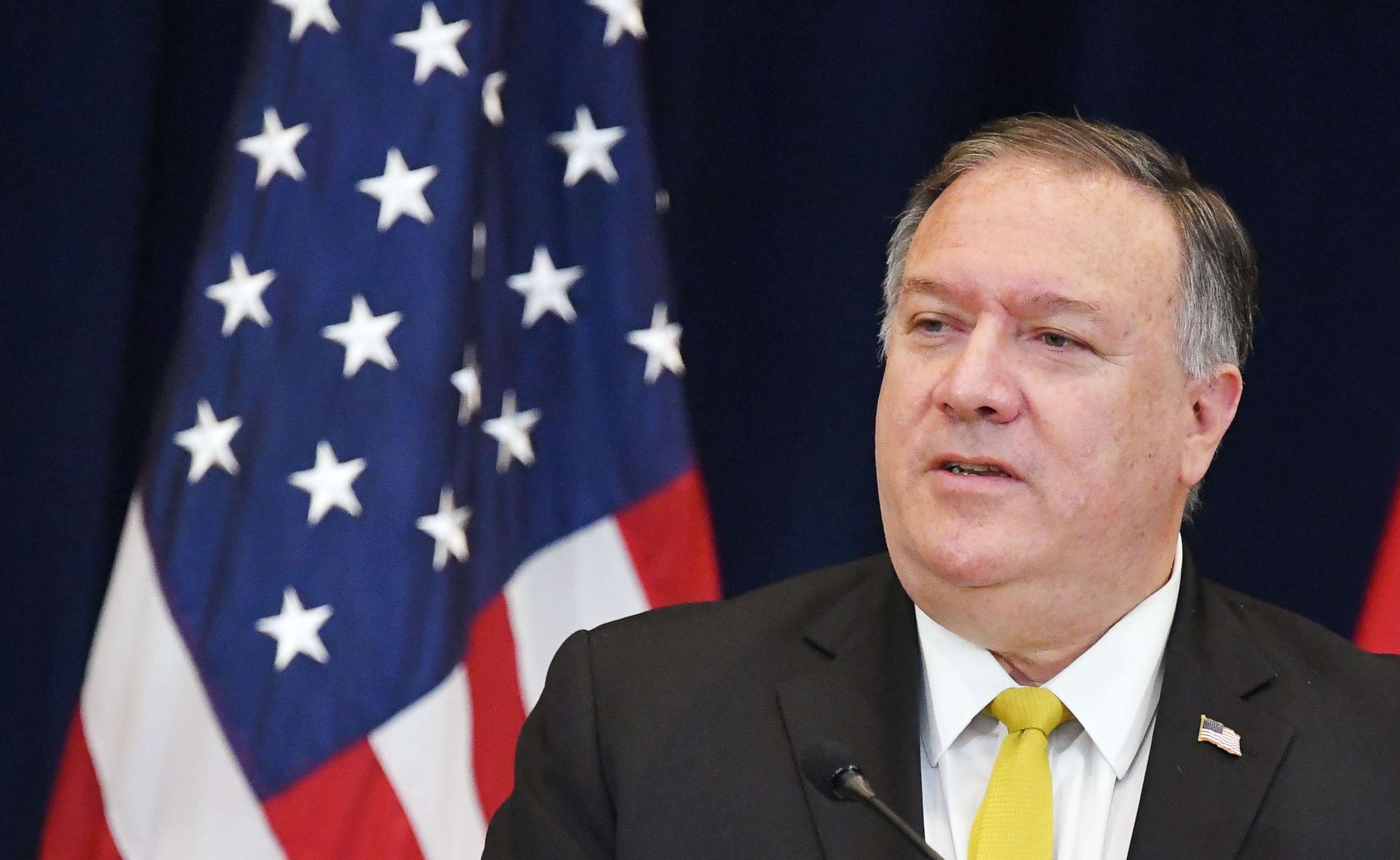 PHOTO: Secretary of State Michael Pompeo speaks during a press conference at the State Department in Washington, D.C., Aug. 19, 2020. 