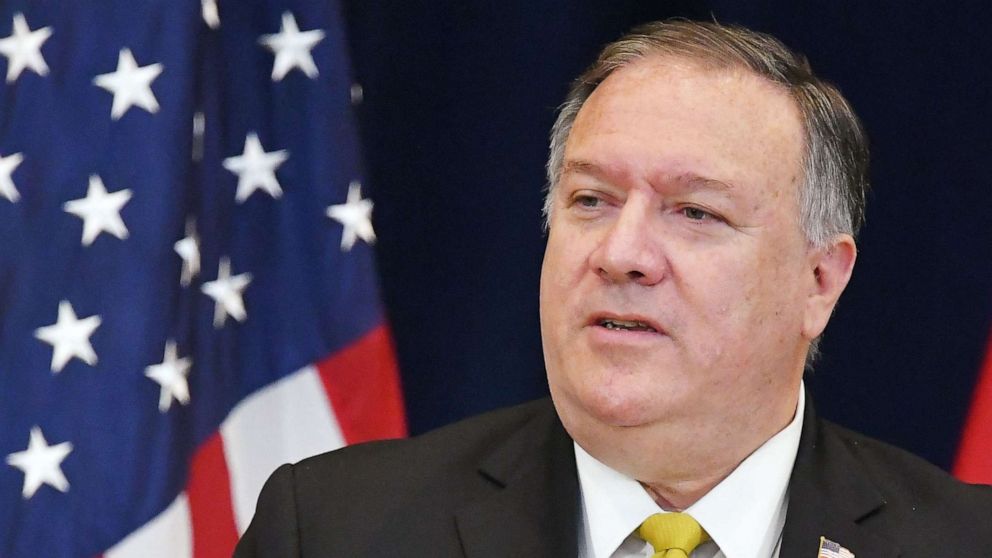 PHOTO: Secretary of State Michael Pompeo speaks during a press conference at the State Department in Washington, D.C., Aug. 19, 2020. 