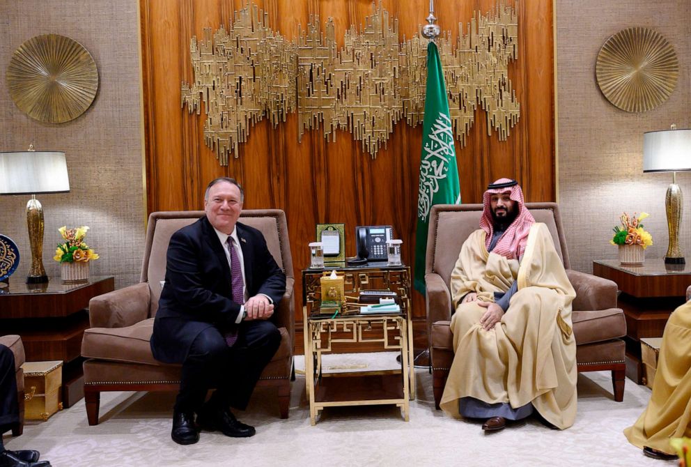 PHOTO: Secretary of State Mike Pompeo meets with Saudi Arabia's Crown Prince Mohammed bin Salman at Irqah Palace, Feb. 20, 2020, in the capital Riyadh, Saudi Arabia.
