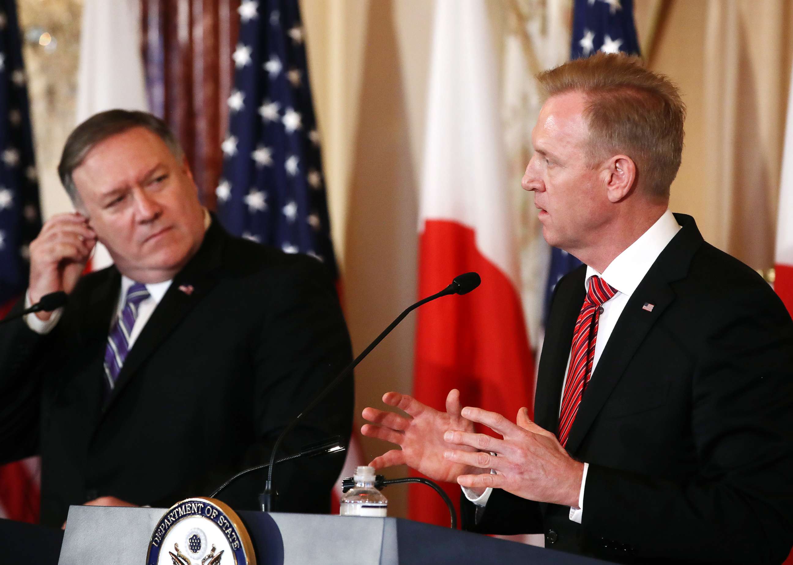 PHOTO: Secretary of State Mike Pompeo (left) and acting Defense Secretary Patrick Shanahan participate in a media availability at the Department of State on April 19, 2019, in Washington, D.C.