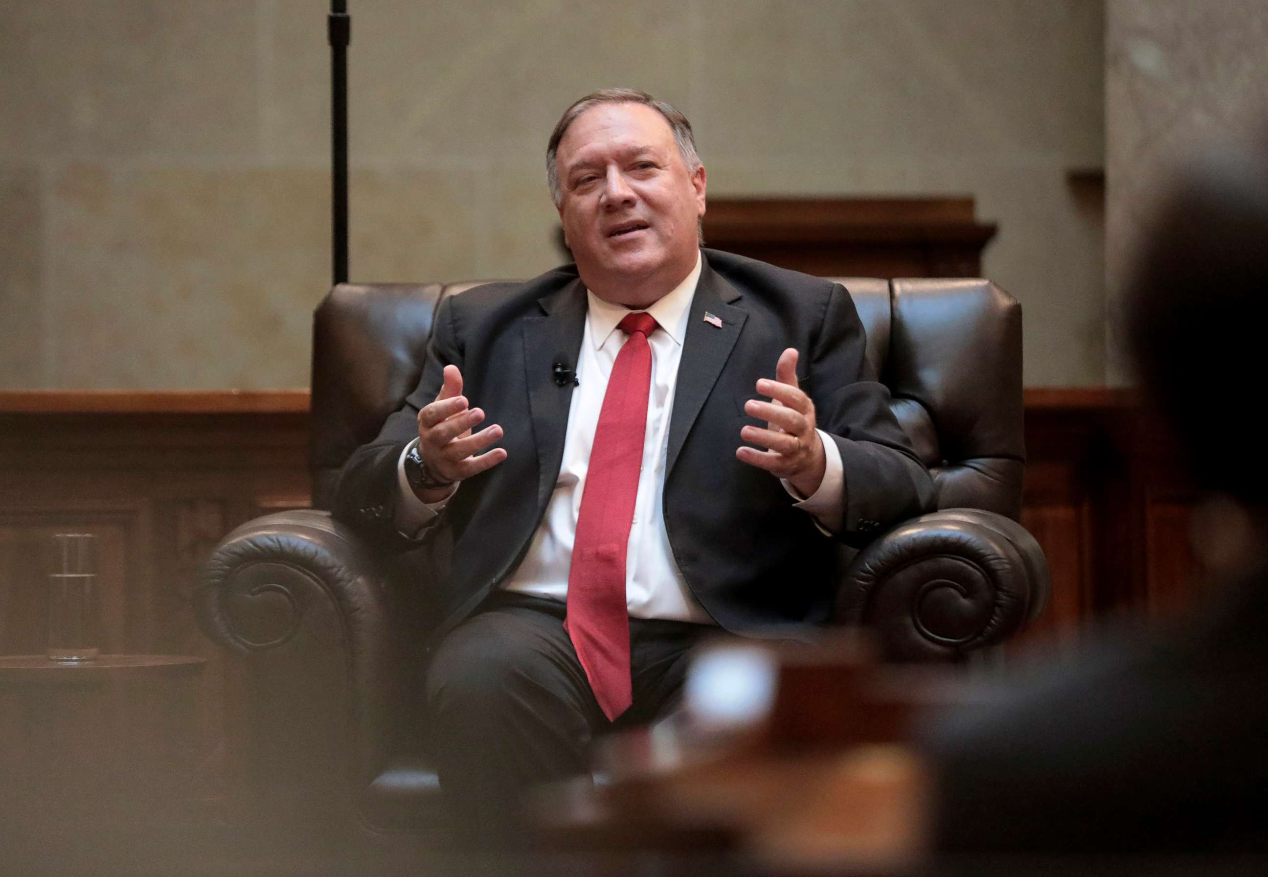 PHOTO: Secretary of State Mike Pompeo speaks during a question and answer session with state Republican legislators in the Senate chamber of the Wisconsin State Capitol in Madison, Wis. Sept. 23, 2020.