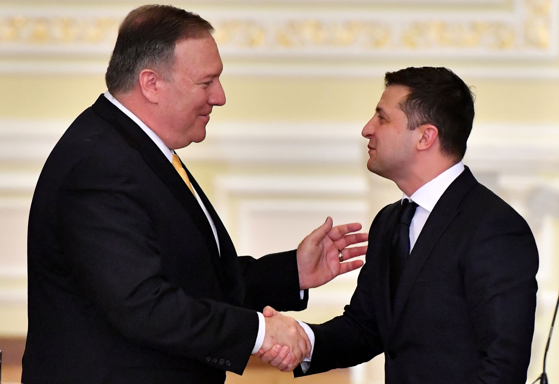 PHOTO: Secretary of State Mike Pompeo and Ukraine's President Volodymyr Zelenskyy shake hands during a joint news conference in Kiev on Jan 31, 2020.