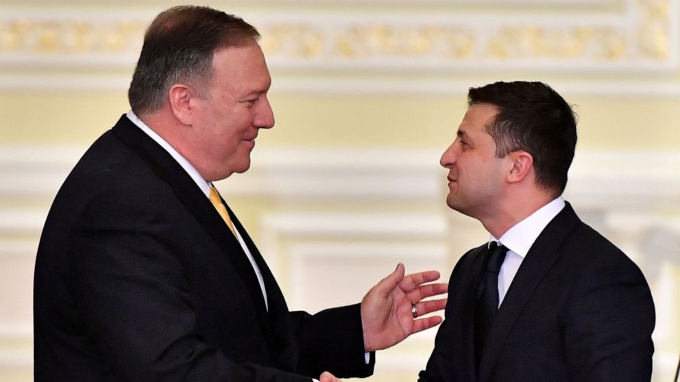 PHOTO: Secretary of State Mike Pompeo and Ukraine's President Volodymyr Zelenskyy shake hands during a joint news conference in Kiev on Jan 31, 2020.