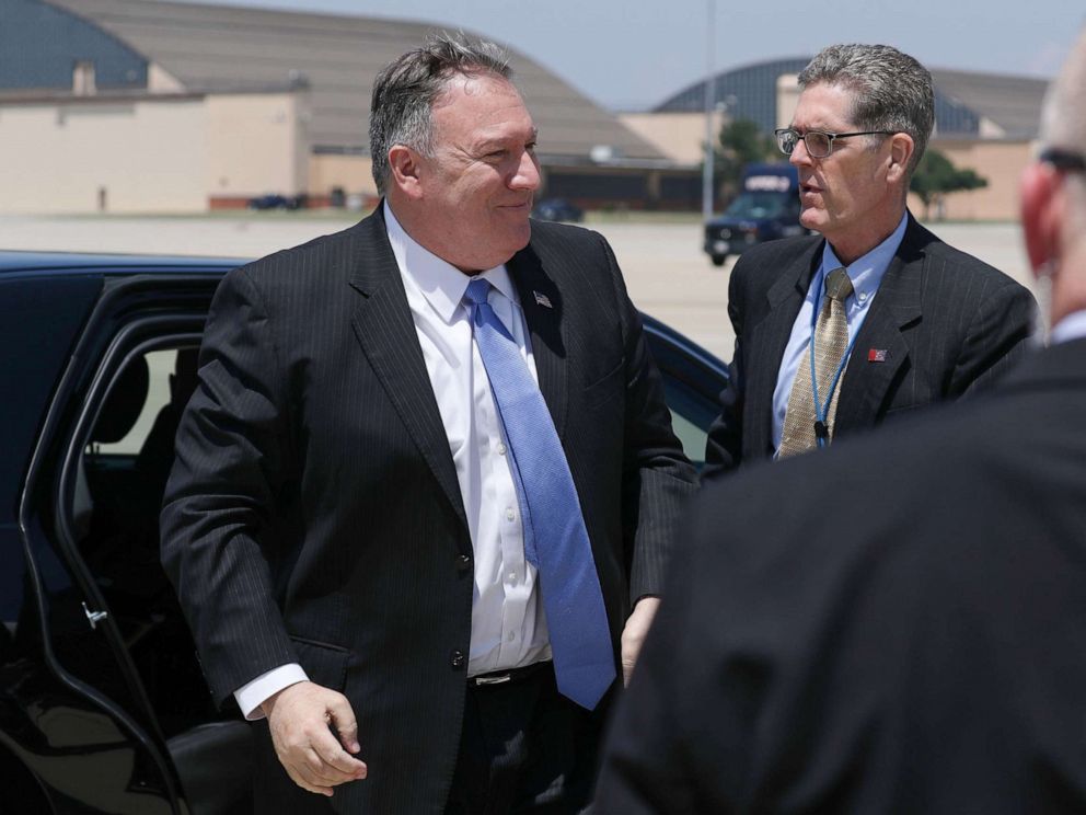 PHOTO:Secretary of State Mike Pompeo arrives to board his plane for travel to Thailand, and then on to Australia and the Federated States of Micronesia, from Joint Base Andrews, Md., July 30, 2019.
