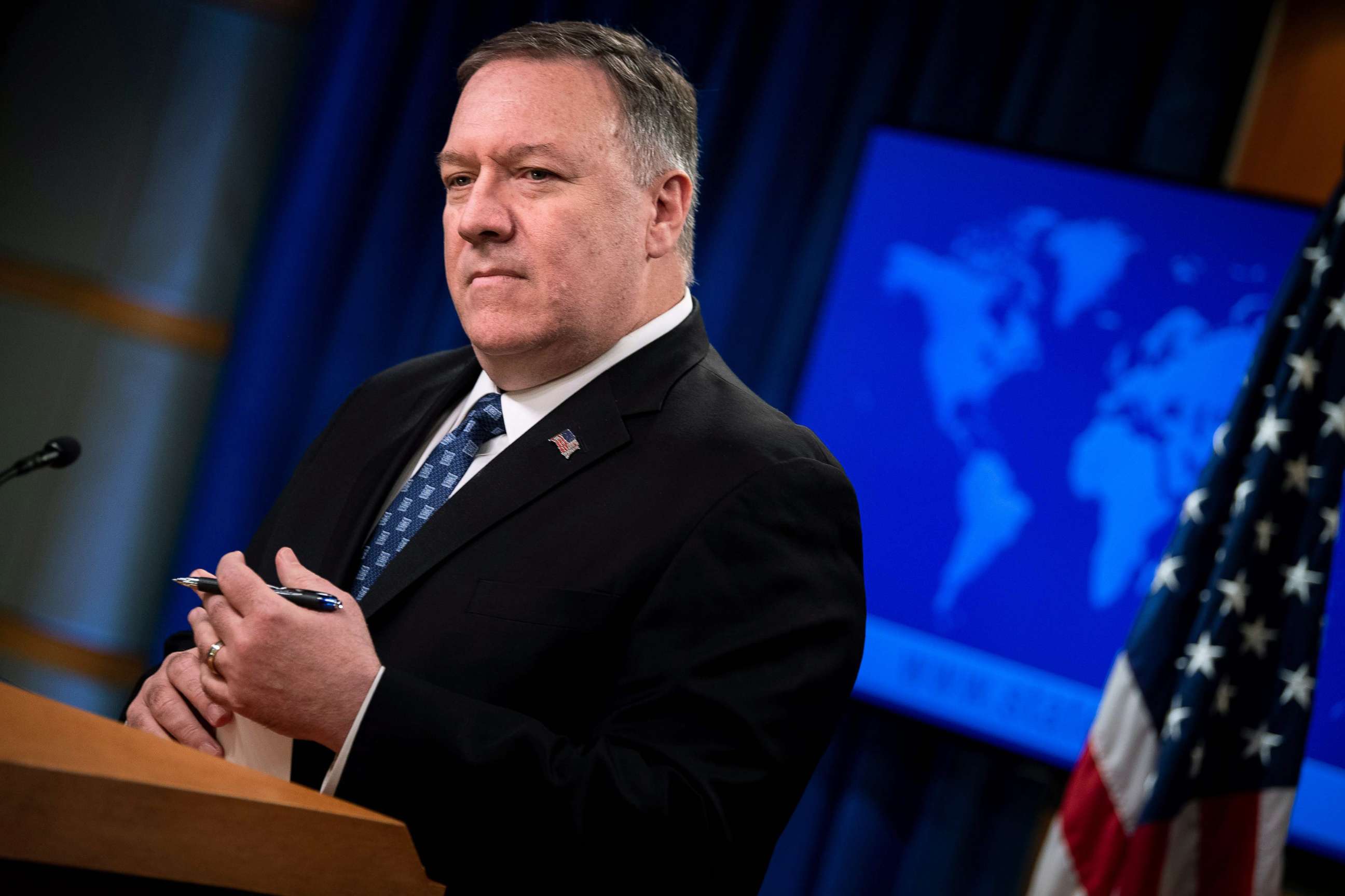 PHOTO: Secretary of State Mike Pompeo speaks during a briefing at the U.S. Department of State, Feb. 25, 2020, in Washington, D.C.