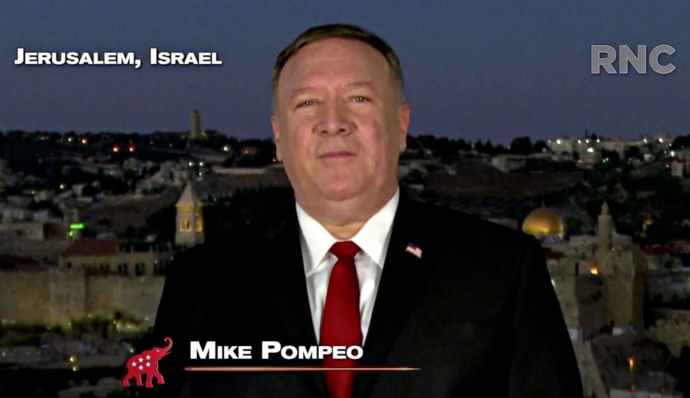 PHOTO: A screenshot from the RNC's livestream of the 2020 Republican National Convention in which Secretary of State Mike Pompeo addresses the virtual convention in a pre-recorded video from Jerusalem, Israel, on Aug. 25, 2020.