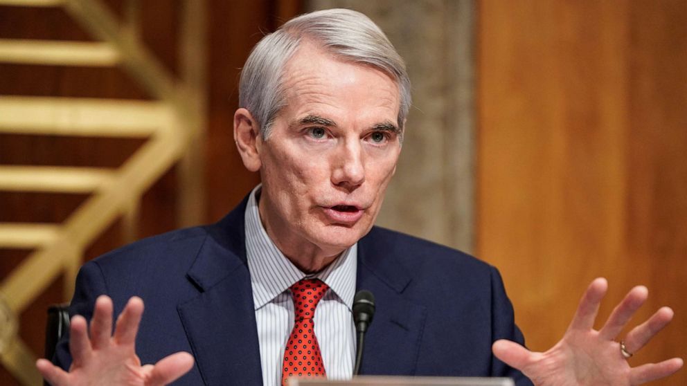 PHOTO: Senator Rob Portman questions a nominee during a Senate Homeland Security and Governmental Affairs confirmation hearing on Capitol Hill in Washington, D.C., Jan. 19, 2021.