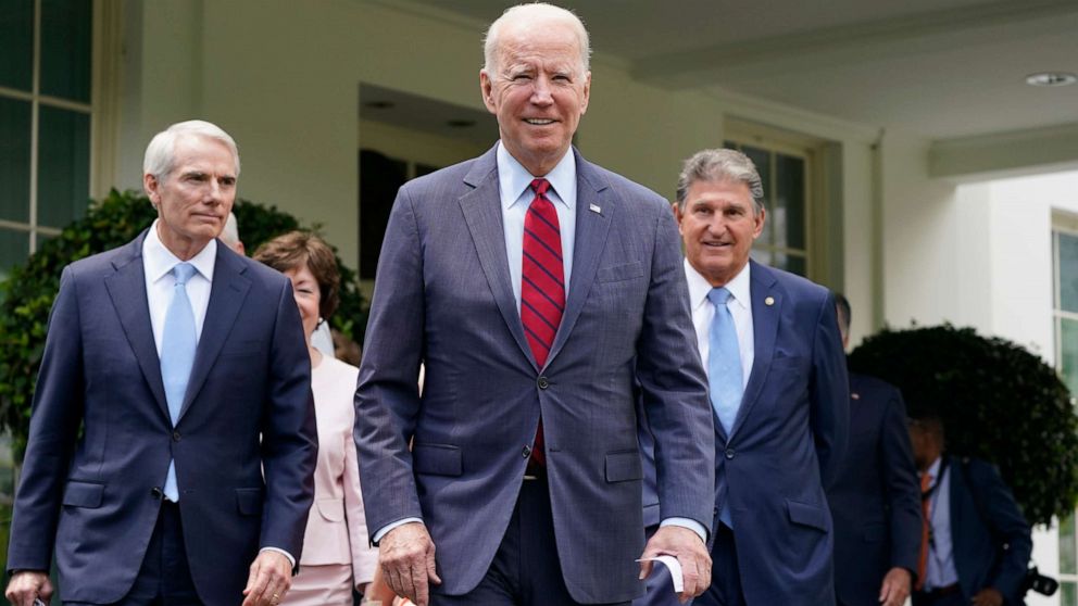 PHOTO: President Joe Biden and, from left, Sen. Rob Portman, R-Ohio, Sen. Susan Collins, R-Maine, and Sen. Joe Manchin, D-W.Va., walk out to speak to the media on June 24, 2021, outside the White House in Washington. 