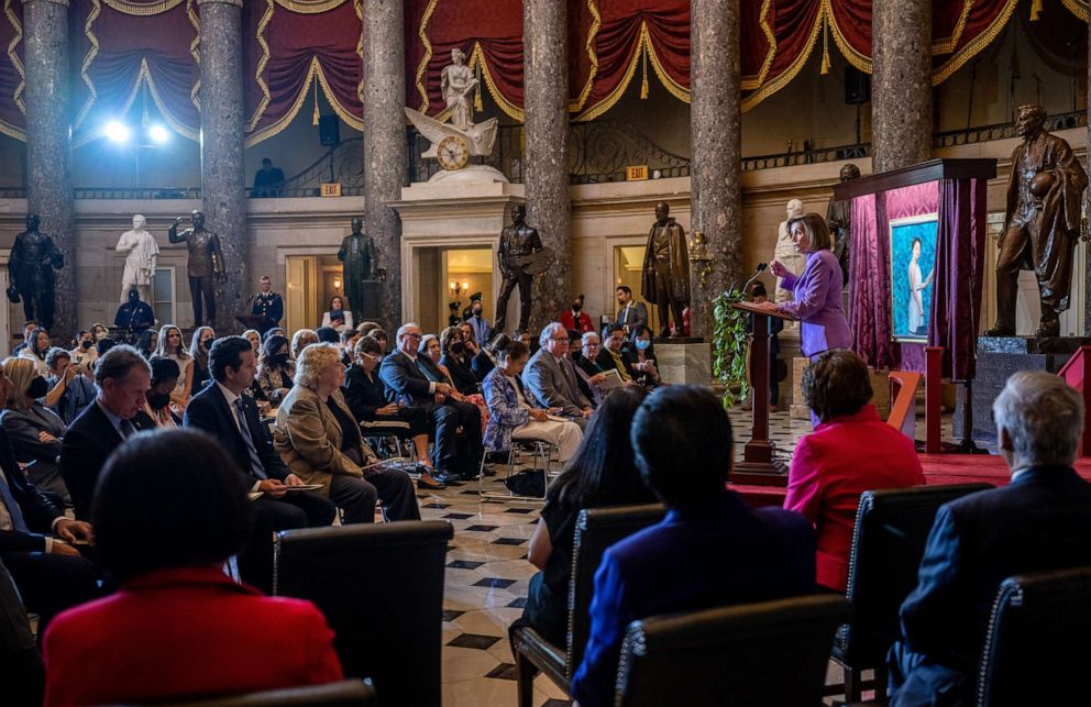 PHOTO: Speaker of the House Nancy Pelosi speaks at an unveiling ceremony for a portrait of the late Rep. Patsy Mink, June 23, 2022, in Washington, D.C.