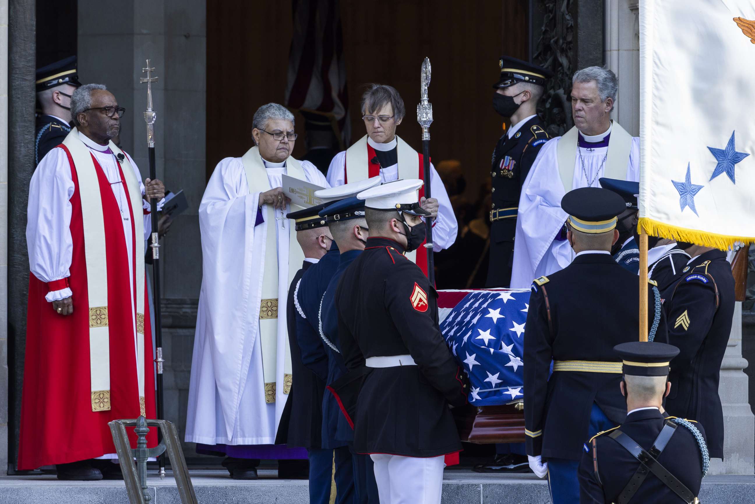 PHOTO: The casket containing former Secretary of State Colin Powell arrives for his funeral at the Washington National Cathedral in Washington, D.C., Nov. 5, 2021. 